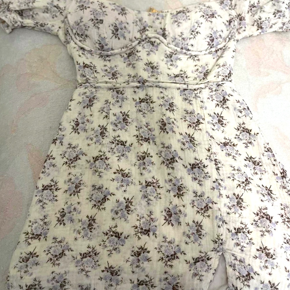 Grey blue floral on ivory milkmaid dress
